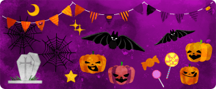 Halloween Event Banner Purple with Bats Pumpkins Candies Graves and Spider Webs