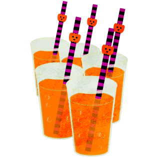 Five Halloween Orange Juice with Purple and Black Straw