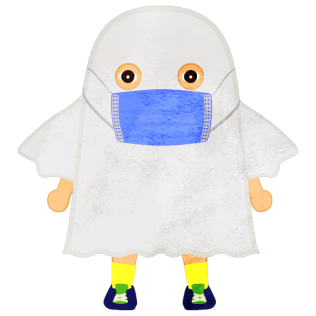 A child wearing a ghost costume with a mask