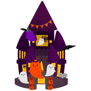 Halloween Castle with Pumpkin Decoration and Ghosts