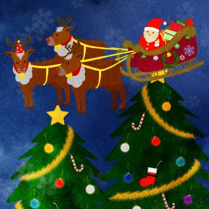 Santa And Reindeer On The Sleigh Over The Christmas Trees