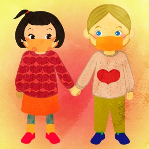 Boy And Girl Holding Hands Wearing A Heart Sweater And Masks Ac