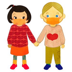 Boy And Girl Holding Hands Wearing A Heart Sweater And Masks Ac