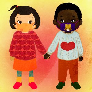 Boy And Girl Holding Hands Wearing A Heart Sweater And Masks Bc