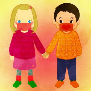 Boy And Girl Holding Hands Wearing A Heart Sweater And Masks Ca