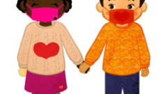 boy and girl holding hands wearing a heart sweater and masks cb 268