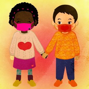 Boy And Girl Holding Hands Wearing A Heart Sweater And Masks Cb