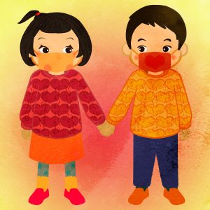 Boy And Girl Holding Hands Wearing A Heart Sweater And Masks Cc