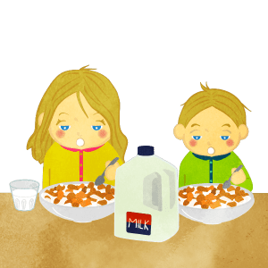 Brother And Sister Just Woke Up And Eating Cereal