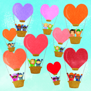 Children On Heart Shaped Hot Air Balloon