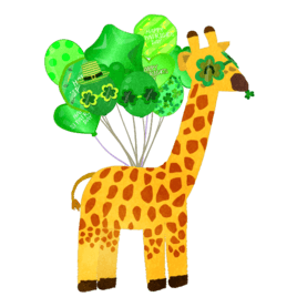 St Patrick's Day Giraffe With Green Balloons And Holding A Three Leaf Clover 