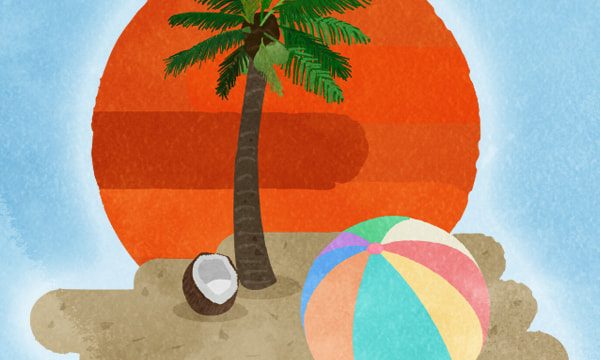 beach sunset image with palm tree and rainbow beach ball