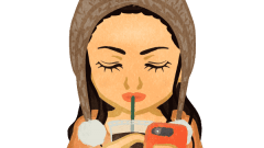 girl drinking coffee while looking at smartphone c