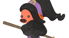 halloween pig riding a broom with witch costume