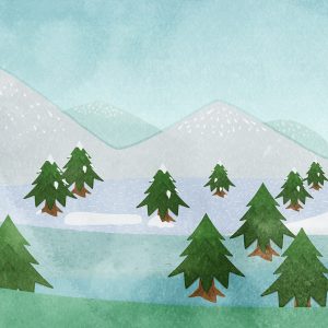 Nature Illustration Winter Scene With Mountains And Pine Trees