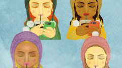 set of girl drinking coffee while looking at smartphone efgh