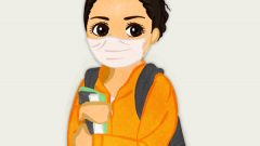 student girl with mask and backpack holding notebooks c