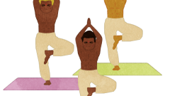 set of man doing tree pose yoga on yoga mat