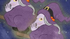 set of purple witch on broom