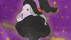 smiling black witch on broom