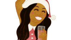 smiling girl with santa outfit drinking champagne having fun f
