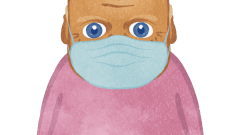 bald old man having trouble thinking about something upper body with mask h