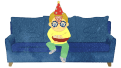 boy sitting on the couch eating popcorn waiting for the new year to come a