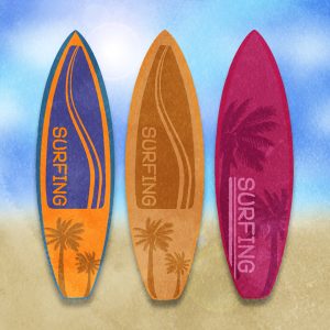 Set Of Surfing Surfboard With Palm Tree And Surfing Text Design