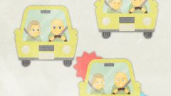 set of elderly couple driving in a cute car a