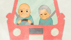 elderly couple driving in cute car grandma sleeping in passenger seat