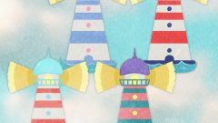 set of lighthouses with light and waves